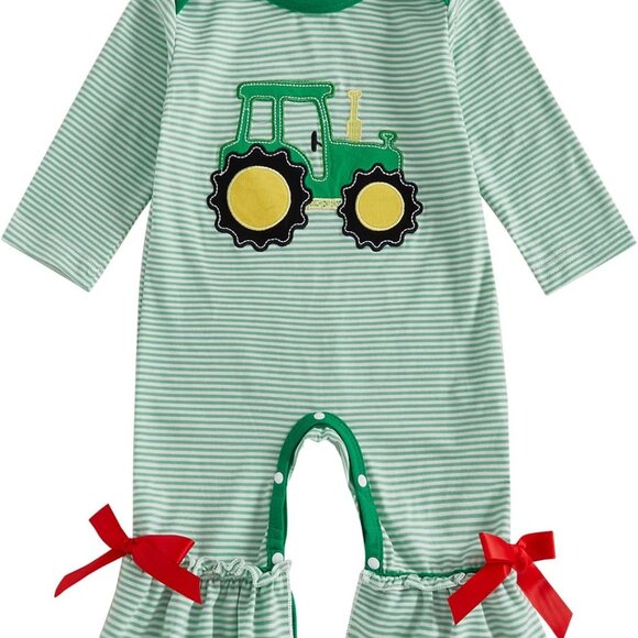 Adorable Newborn Baby Girl Tractor Jumpsuit: Striped Bell Bottom Romper 0-6mo - Picture 1 of 7